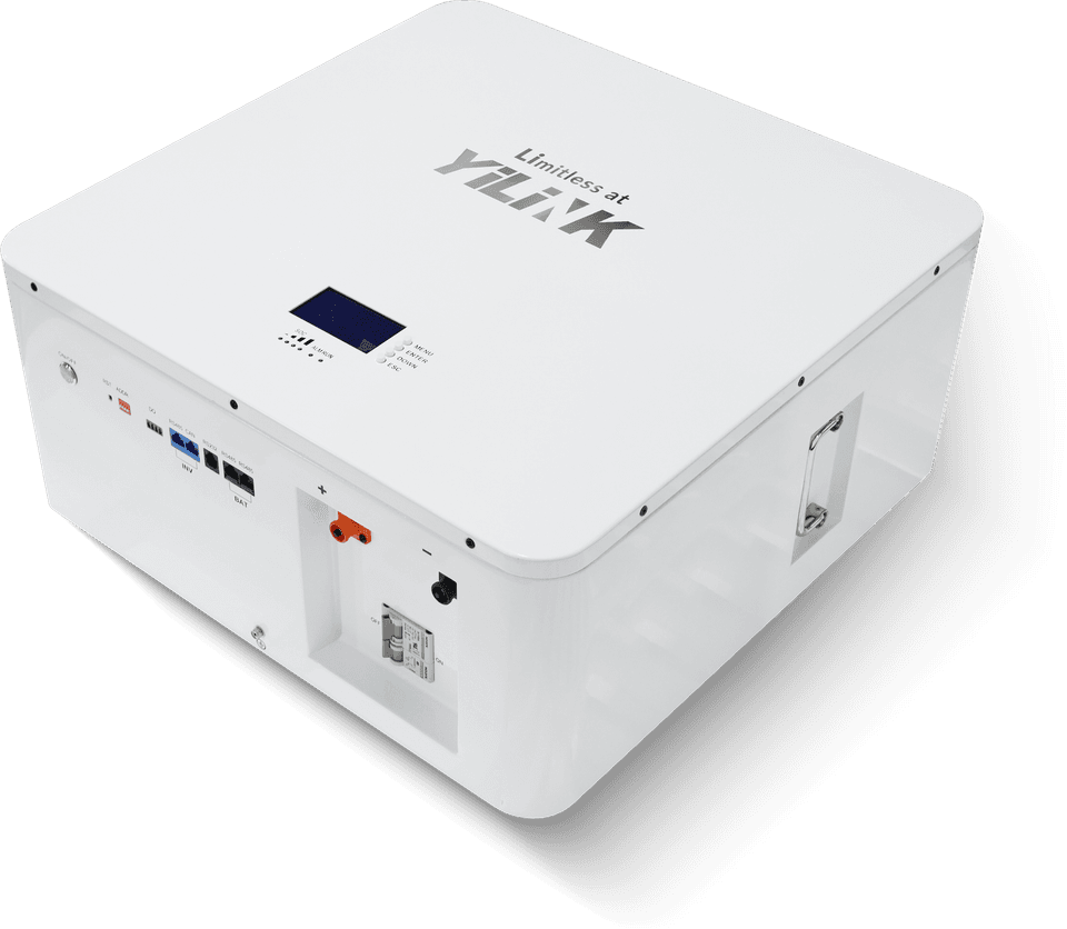 Batterie Yilink iPower W48200 vue de trois quarts, bandeau de raccordement et poignée latérale
