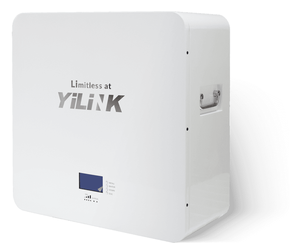 Batterie Yilink iPower W48200 de trois quarts : écran de contrôle, voyants d'état de charge et poignée de transport